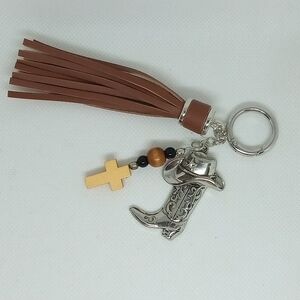 Brown and Silver Keychain with Tassel and Boot Beaded Charms NEW Handmade